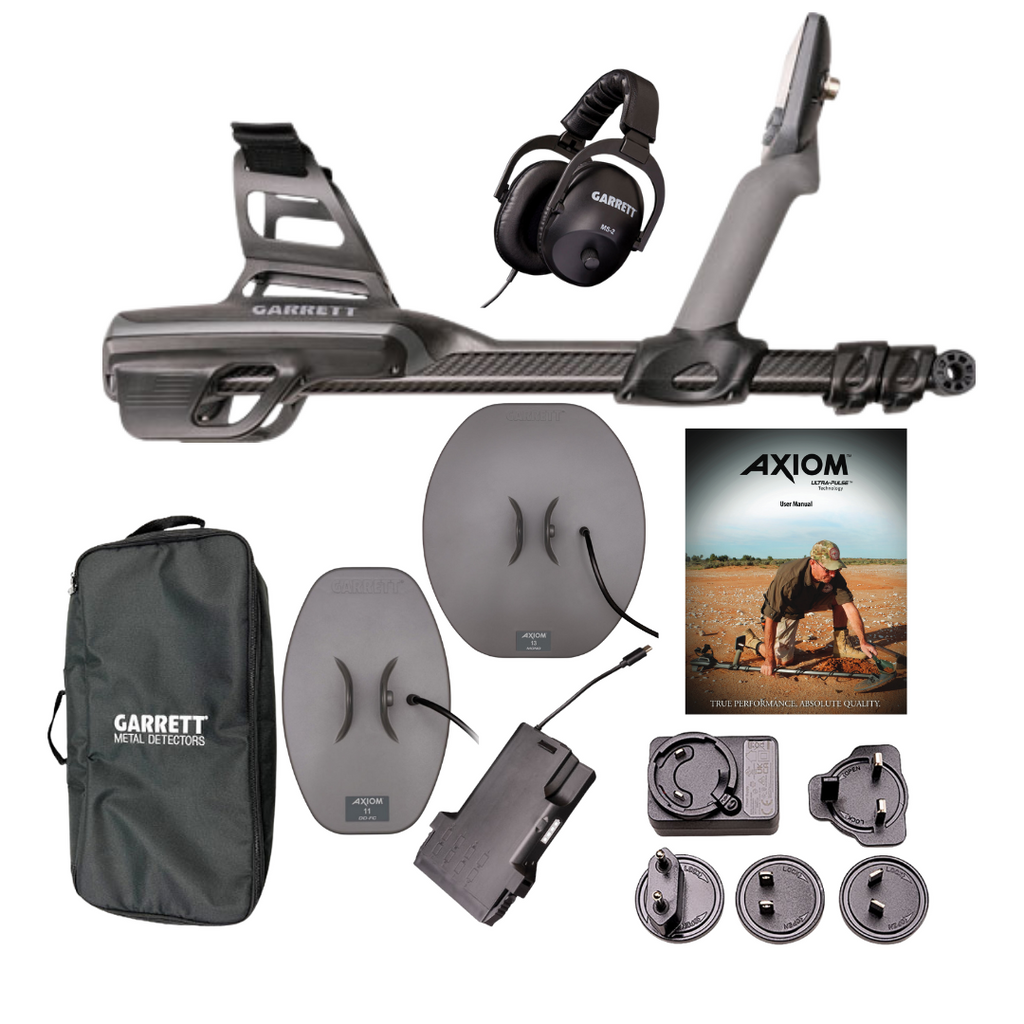 Garrett Axiom Waterproof Metal Detector with Mono 13″x11″ and DD 11″x7″Search 